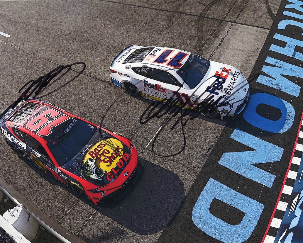 2X AUTOGRAPHED Martin Truex Jr. & Denny Hamlin 2024 Richmond Speedway (Finish Line) Joe Gibbs Racing Dual Signed 8x10 Inch Picture NASCAR Glossy Photo with COA