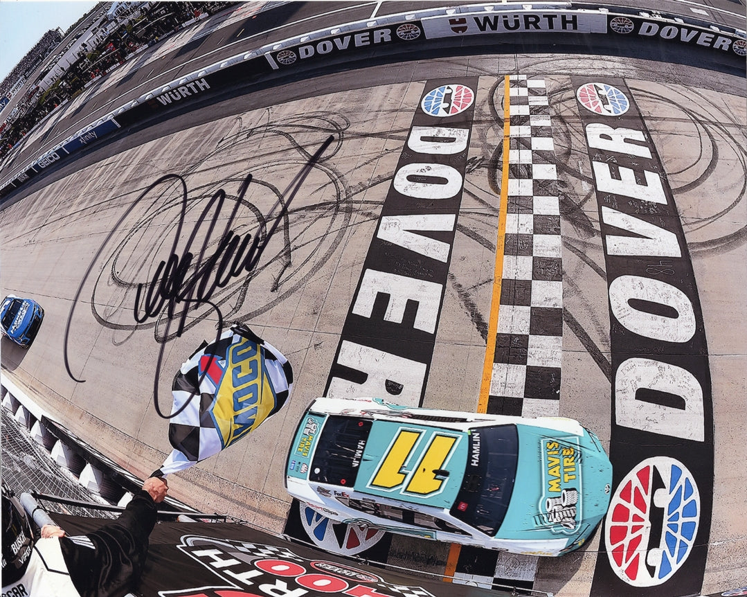 AUTOGRAPHED 2024 Denny Hamlin #11 Mavis Tire Racing DOVER WIN (Checkered Flag) Signed 8x10 Inch NASCAR Glossy Photo with COA