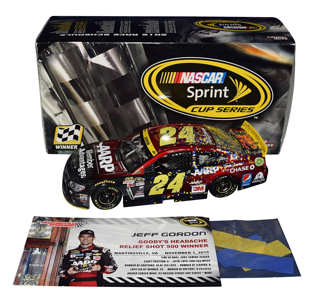 2X AUTOGRAPHED 2015 Jeff Gordon & Alan Gustafson #24 MARTINSVILLE WIN (Raced Version With Confetti) Final Victory Signed Lionel 1/24 NASCAR Diecast Car with COA