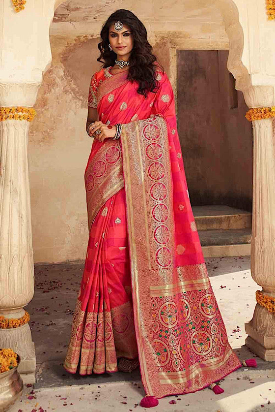 Bright Pink Designer Banaras Zari Woven Silk Saree
