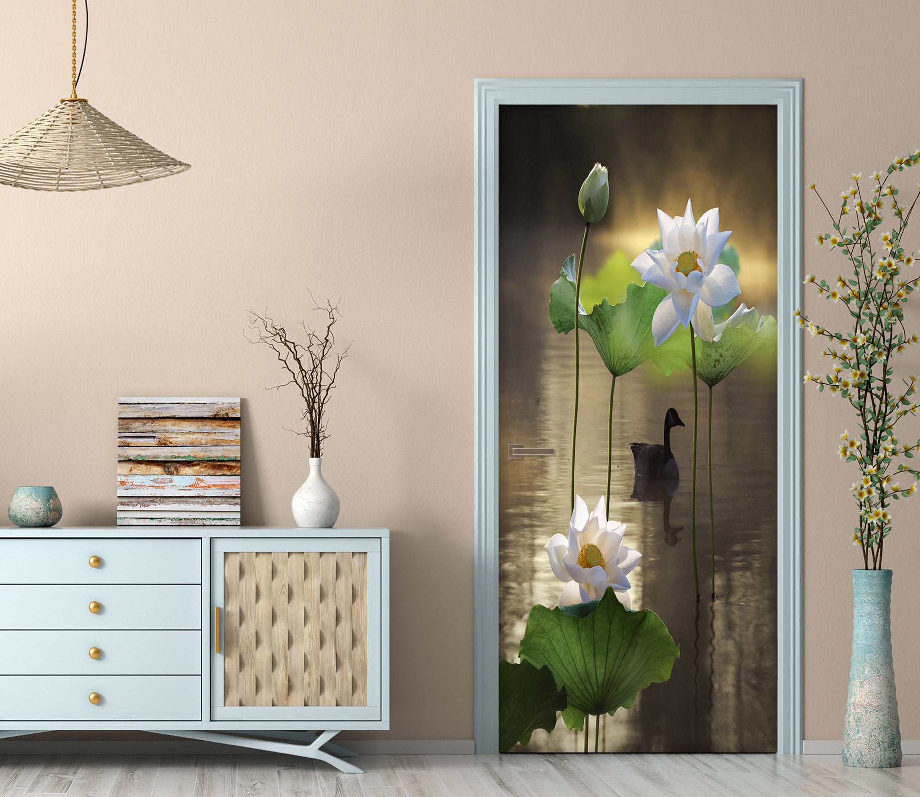 3D White Lotus 25209 Door Mural | AJ Wallpaper