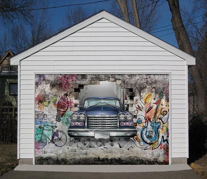 3D Graffiti Bricks Car 70 Garage Door Mural | AJ Wallpaper