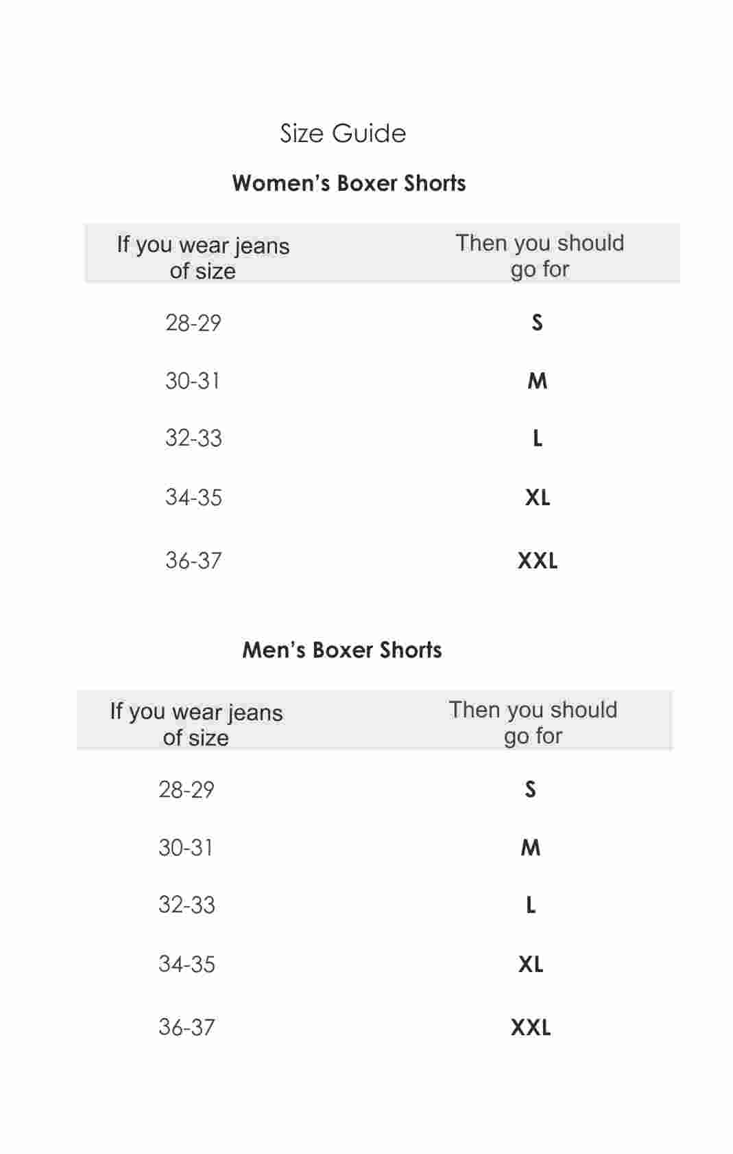 Crazy Boxer Size Chart