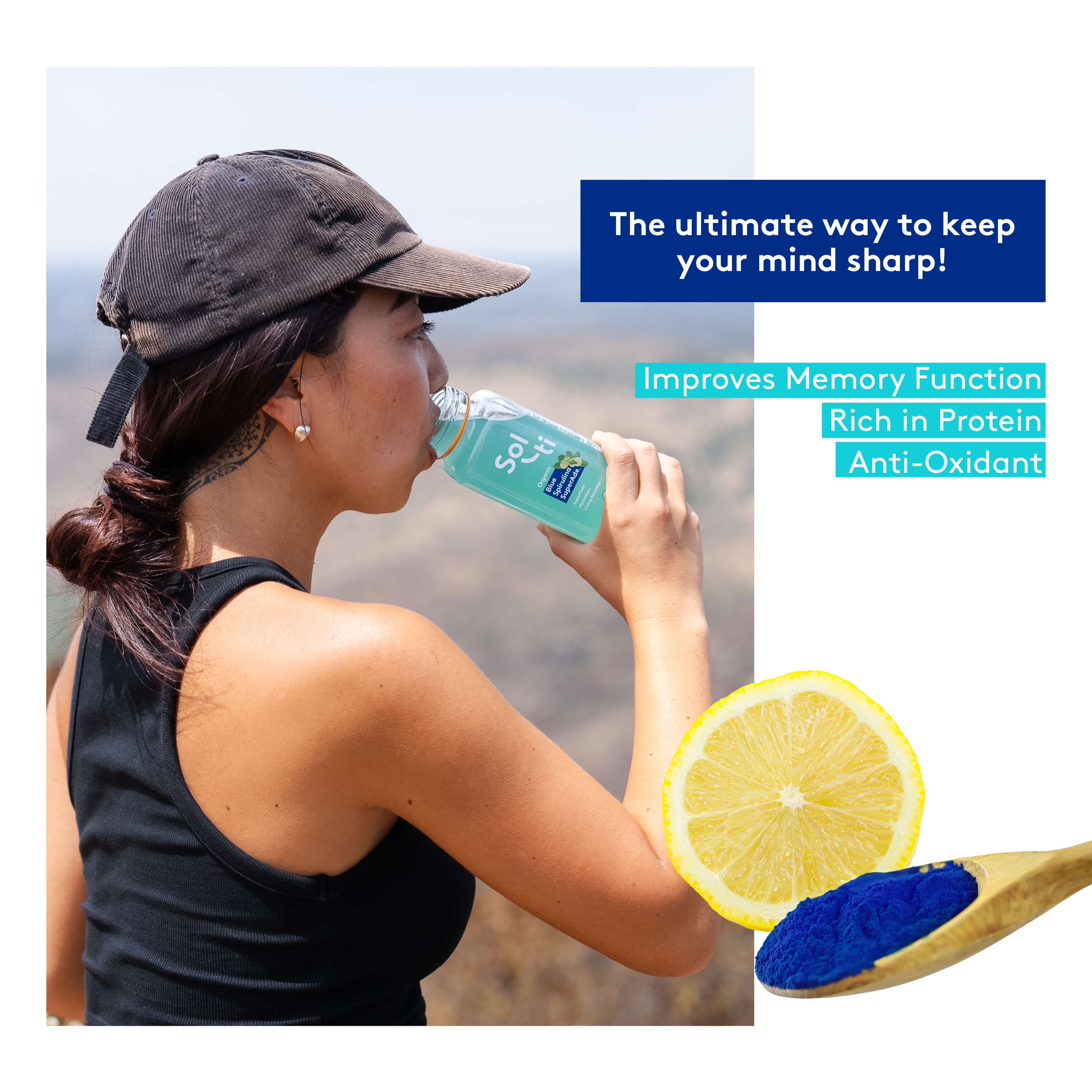 a woman drinking Blue Spirulina SuperAde, next to a slice of lemon and a spoon of blue spirulina