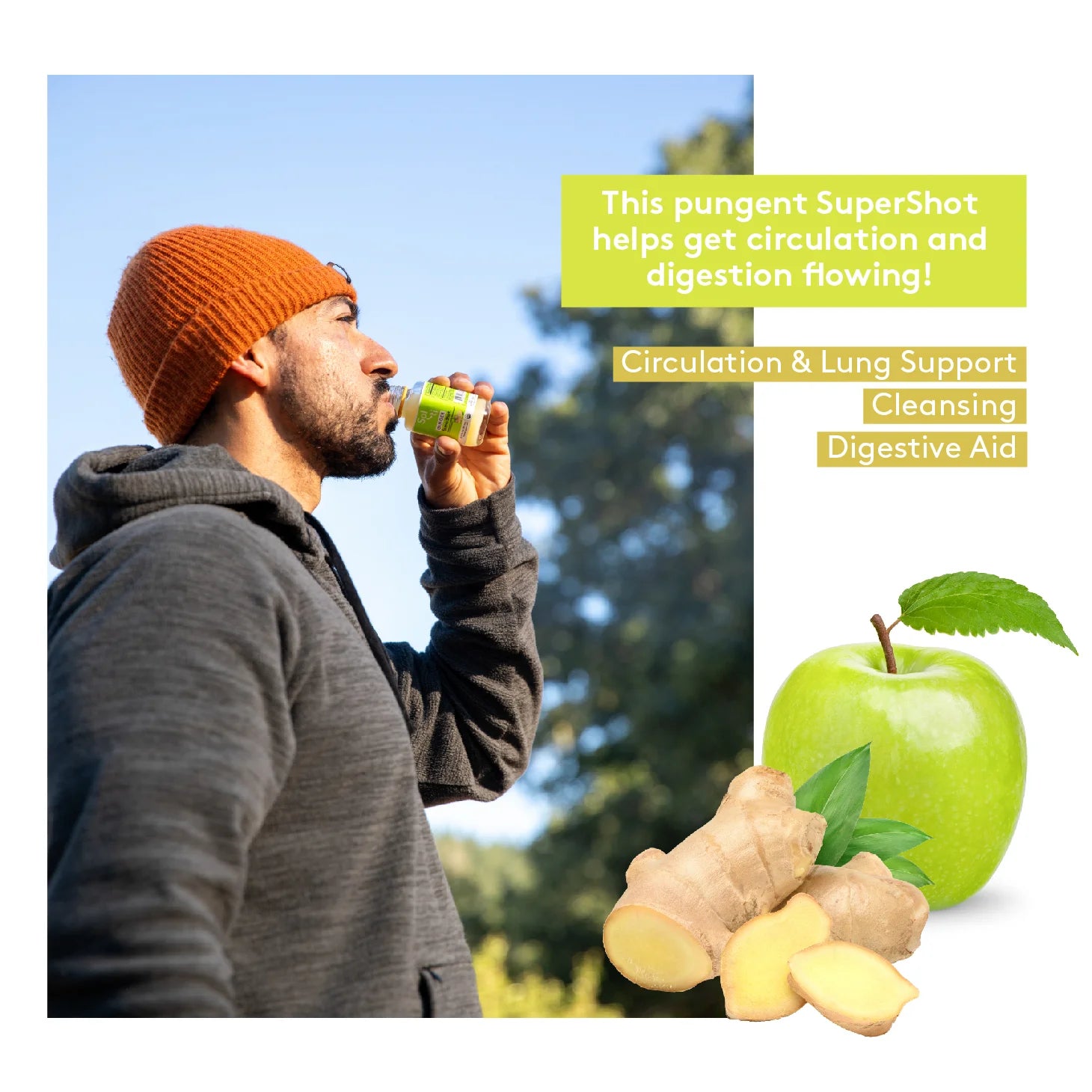 a man in a gray jacket is drinking a GINGER SuperShot, next to a green apple and ginger root