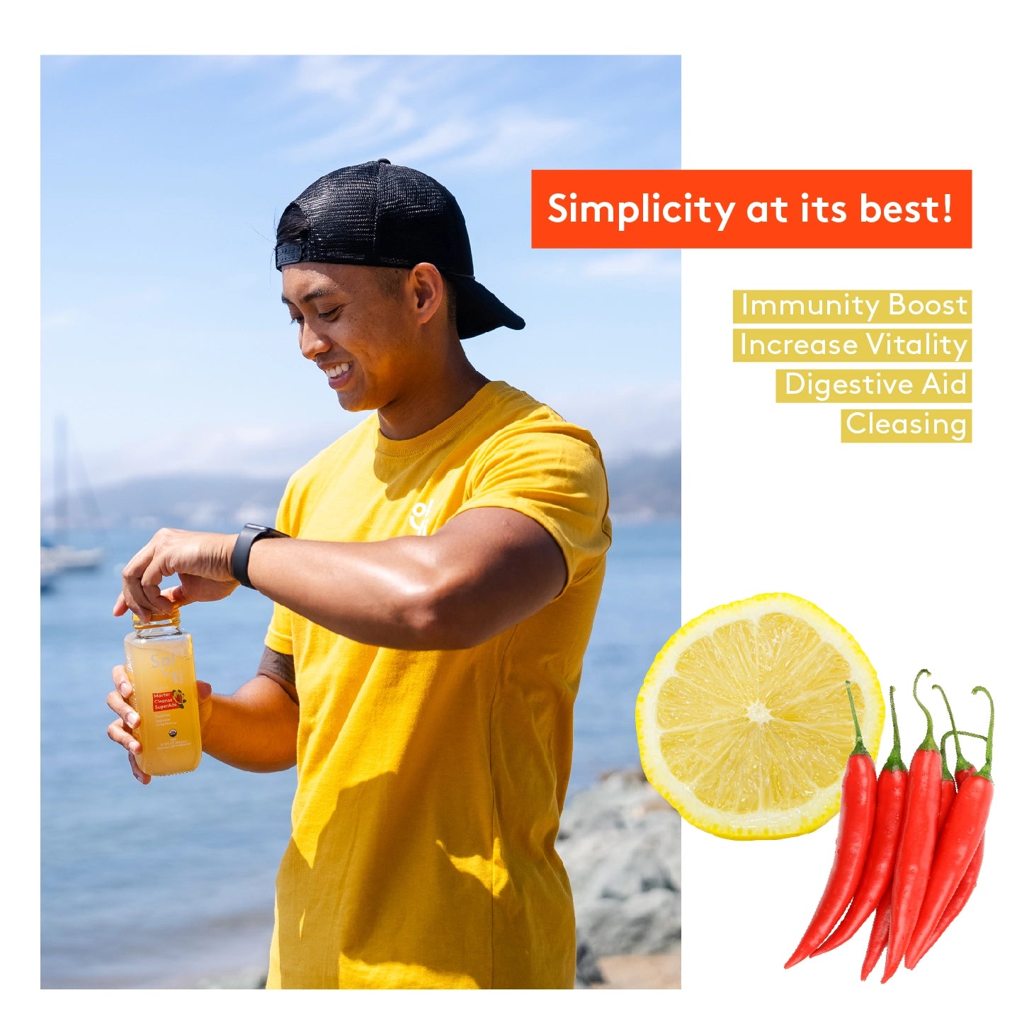 a man in a yellow shirt is holding a bottle of Master Cleanse SuperAde, next to a slice of lemon and peppers