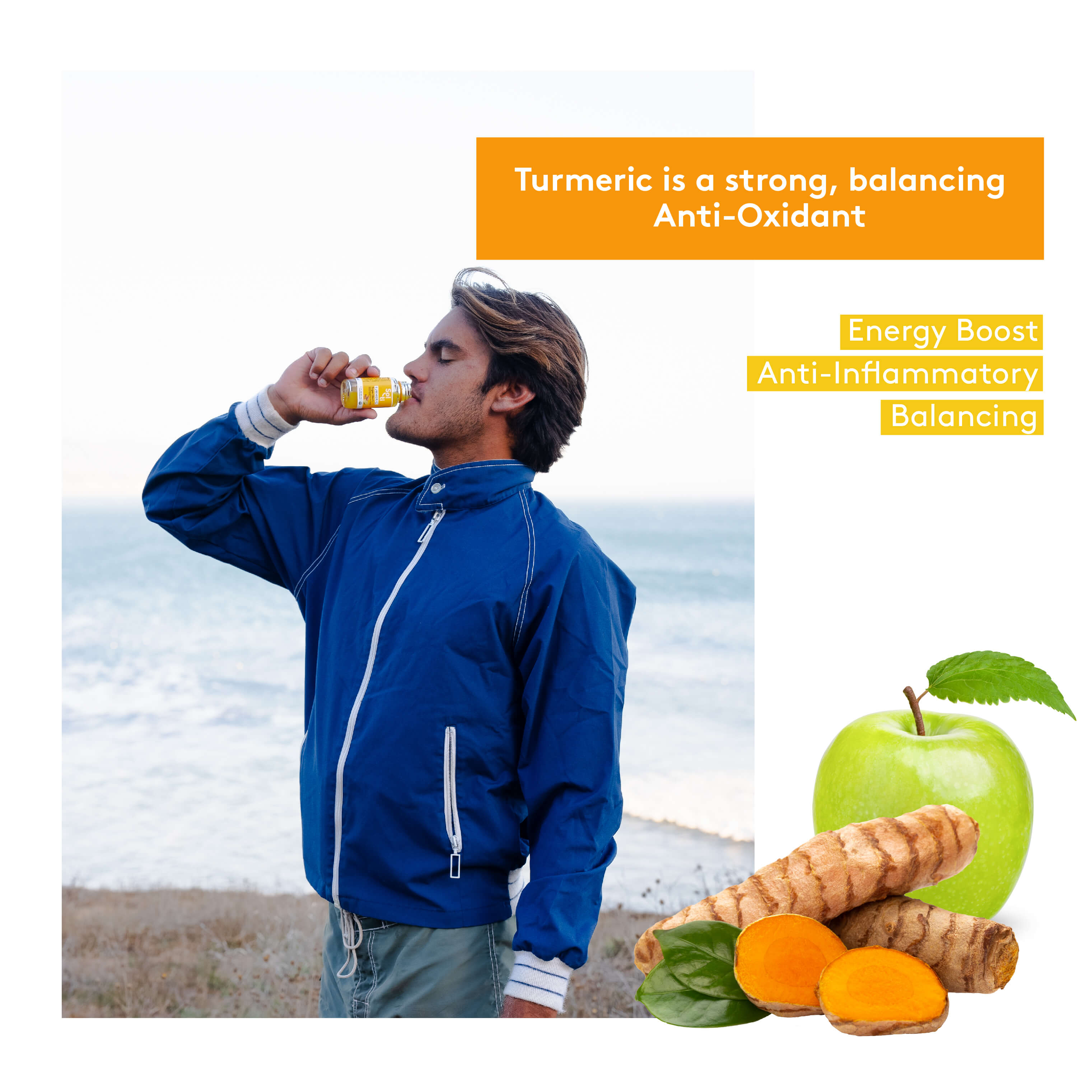 a man in a blue jacket drinking TURMERIC SuperShot while standing , next to a green apple and turmeric root