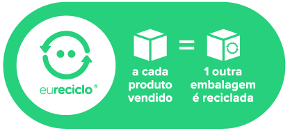 Imagem com ícones e texto 'Eu reciclo. A cada produto vendido, uma outra embalagem é reciclada'.