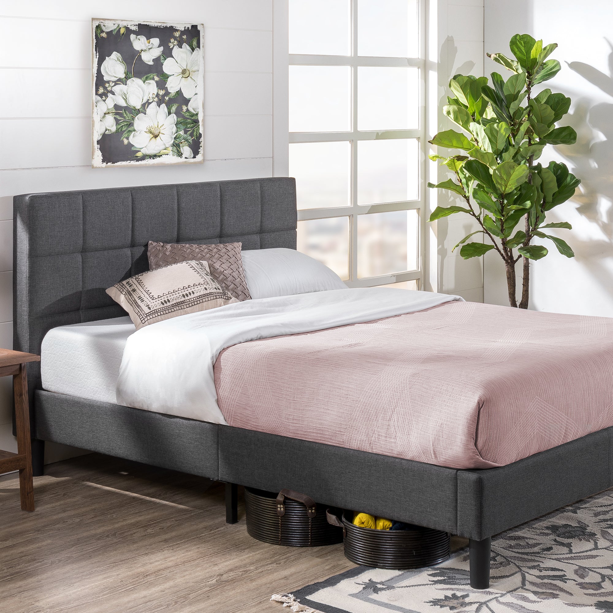 christina upholstered platform bed frame with headboard shelf