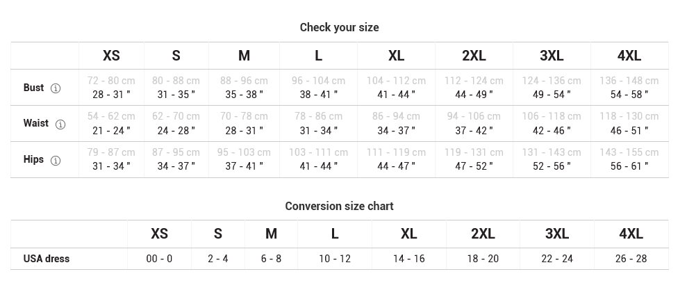 Bodycon dress size chart