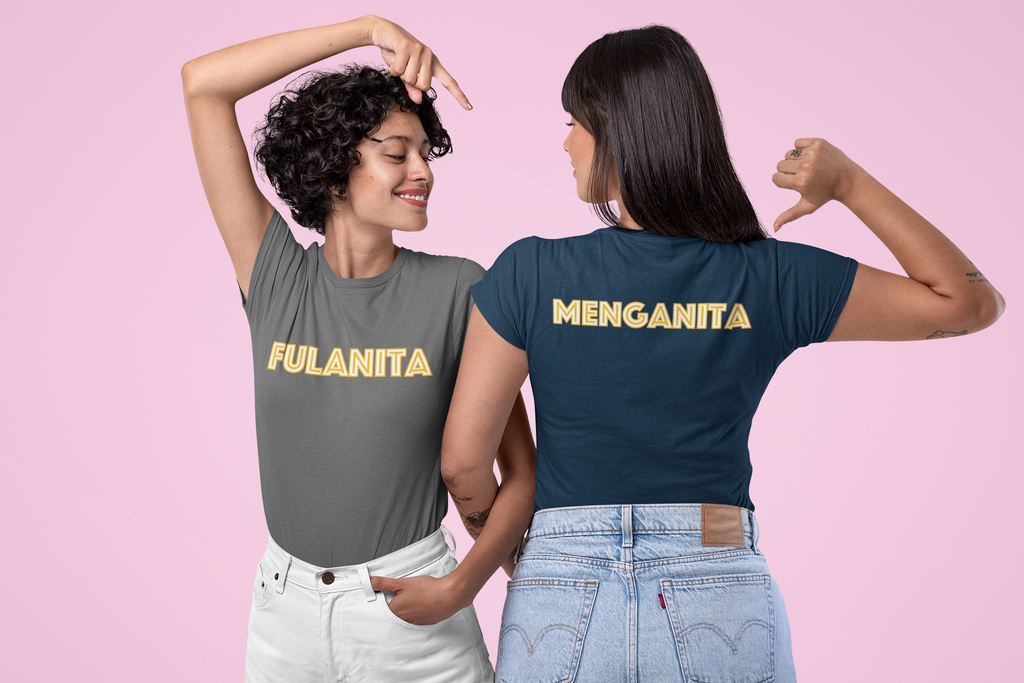 photo of two women modeling the fulanita and menganita t-shirts front and back against a pink background