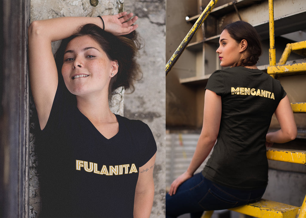 photo collage of the fulanita y menganita v-neck t-shirts so you can see the front and back