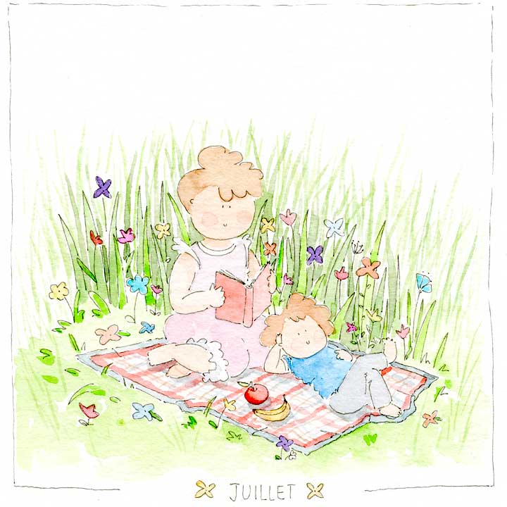 mère et enfant lisent dans un près aquarelle