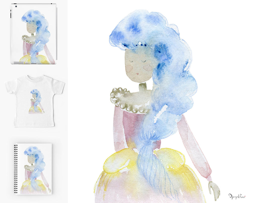 dessin fille aquarelle appliqué à produits redbubble