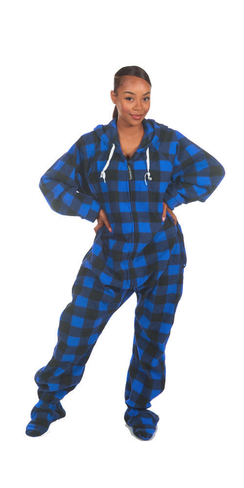 Blue Buffalo Plaid Footed Deluxe Fleece Pjs Uni Sex Onesie Footie