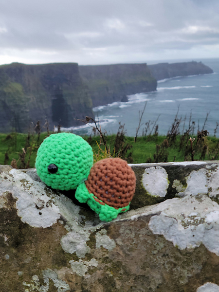 A photo of a green and brown turtle crochet plushie near the Cliffs of Moher in Ireland