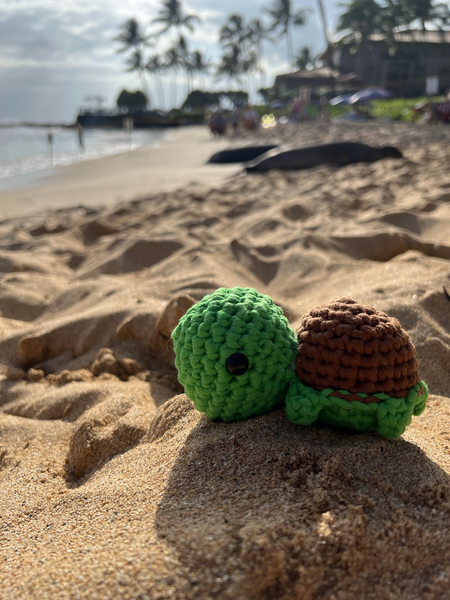 A photo of an amigurumi turtle plushie with a beach and ocean in the background