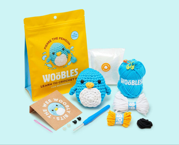 The Woobles' beginner penguin crochet kit with materials