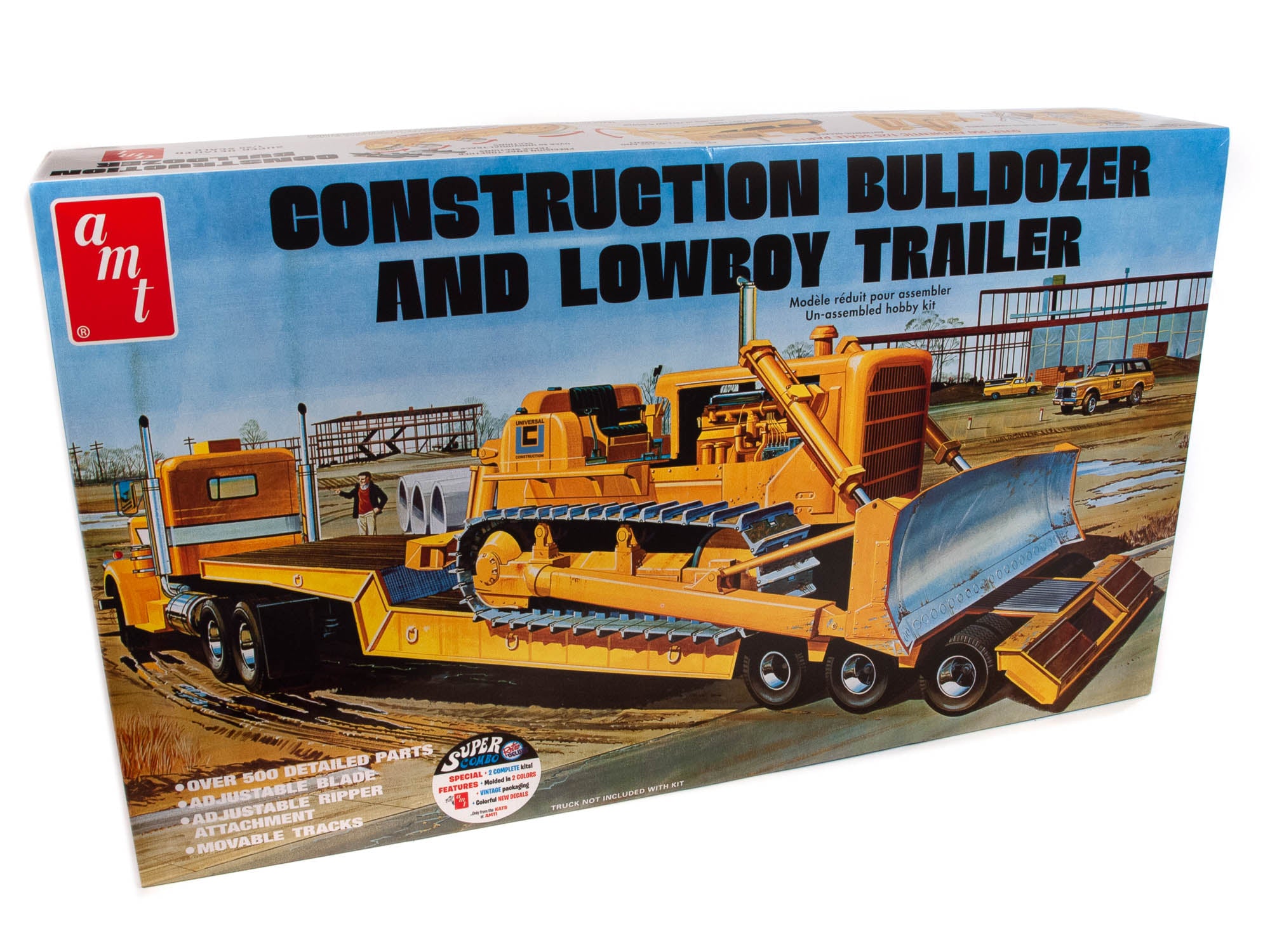 Skill 3 Model Kit Construction Bulldozer and Lowboy Trailer Set of 2 pieces  1/25 Scale Model by AMT