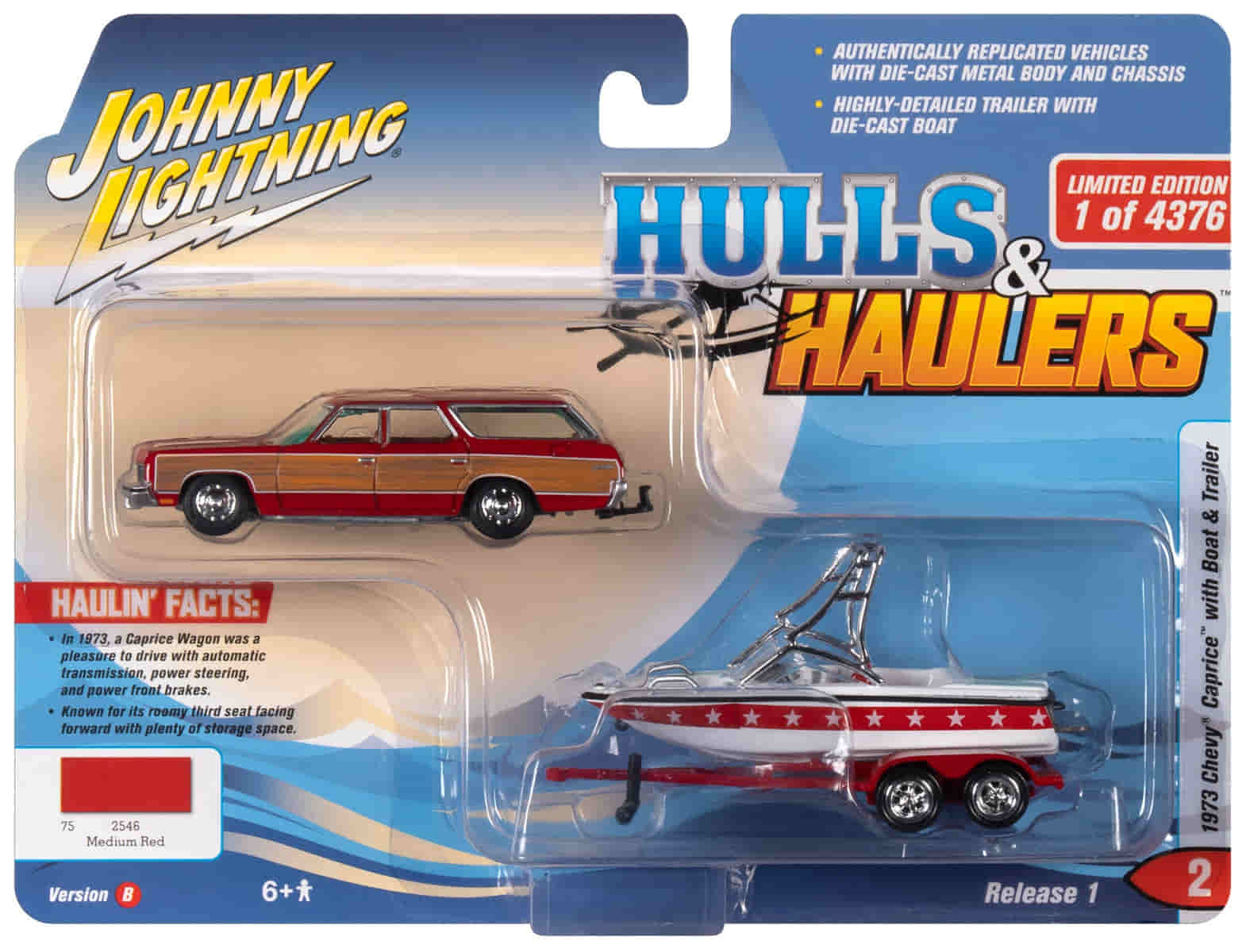 Johnny Lightning 1973 Chevrolet Caprice Wagon Medium Red with Woodgrain Sides with Mastercraft Boat and Trailer Limited Edition to 4376 Pieces