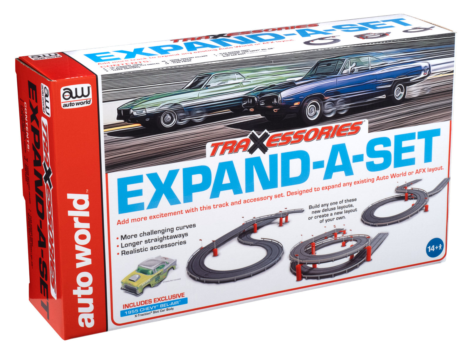 Auto World 7' Track & Accessory Expand-A Set w/XT 1955 Chevy Bel Air G