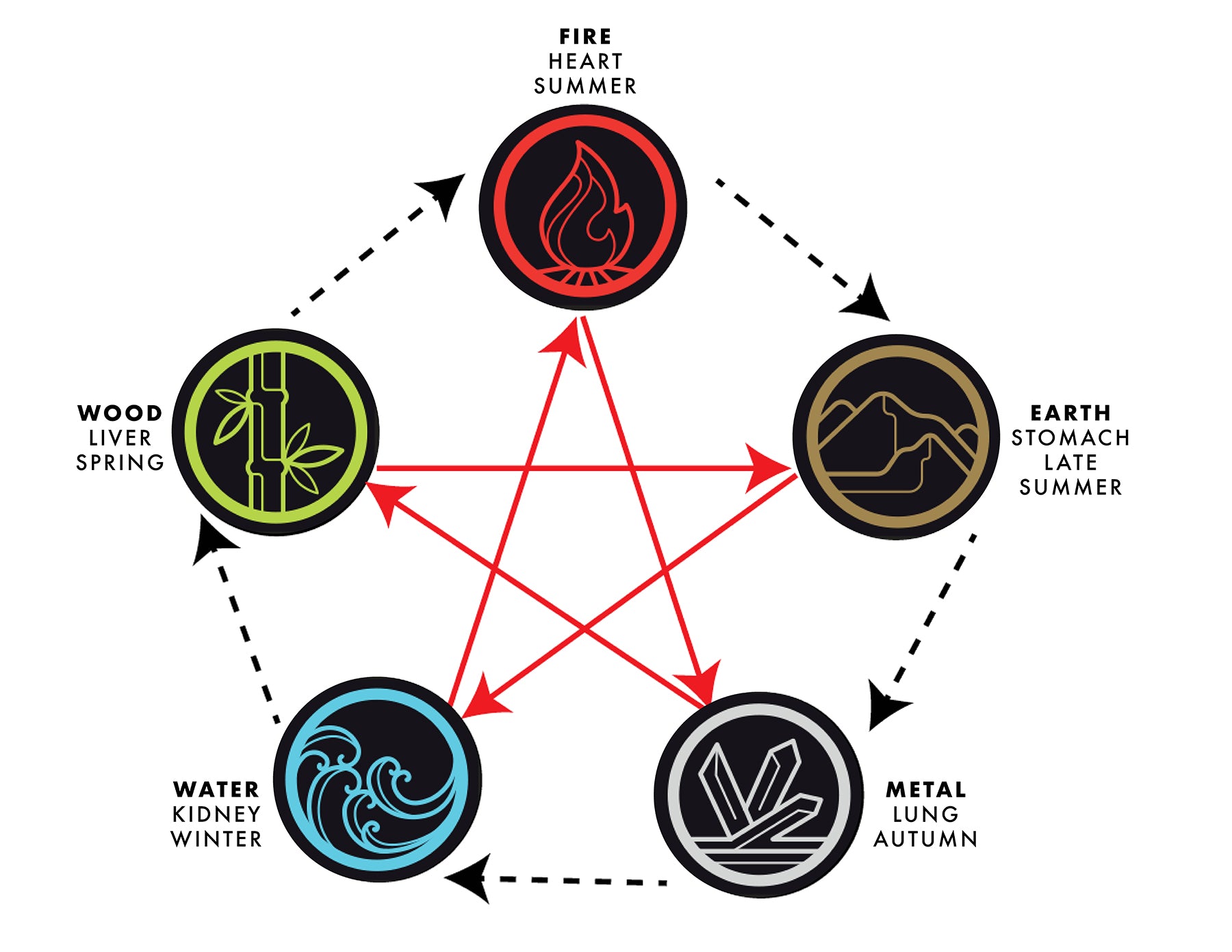 The 5 elements shown with 2 cycles. In the generating cycle, arrows point from Wood to Fire to Metal to Water to Earth. In the destructive cycle, elements opposite each other weaken each other.