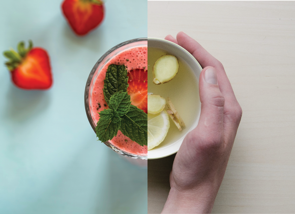 An image with two halves. The left half shows a bowl of fruits, which is recommended for a diet in the spring associated with wood. On the right is ginger tea recommended for the winter which is associated with water.