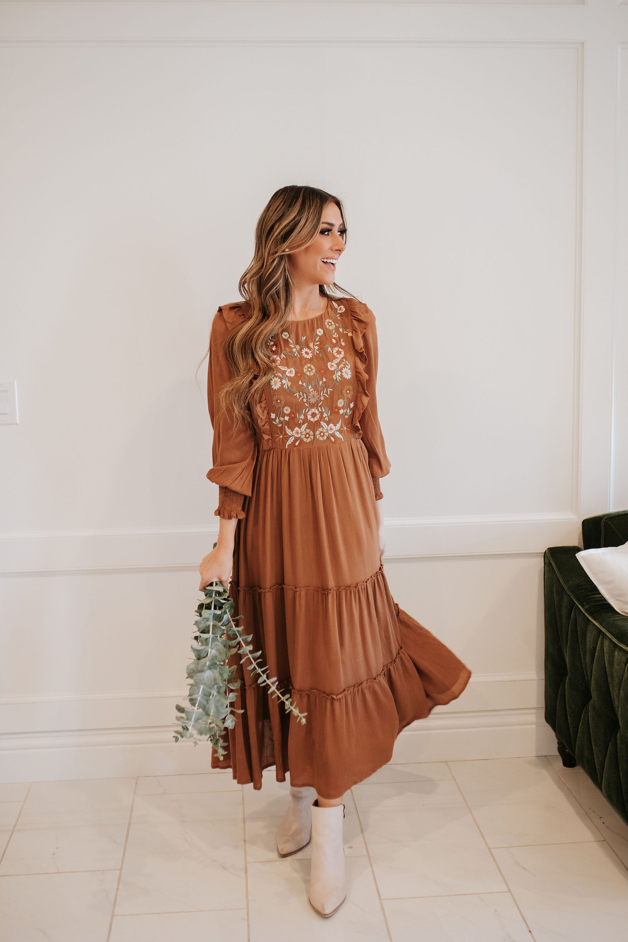 embroidered midi dress with sleeves