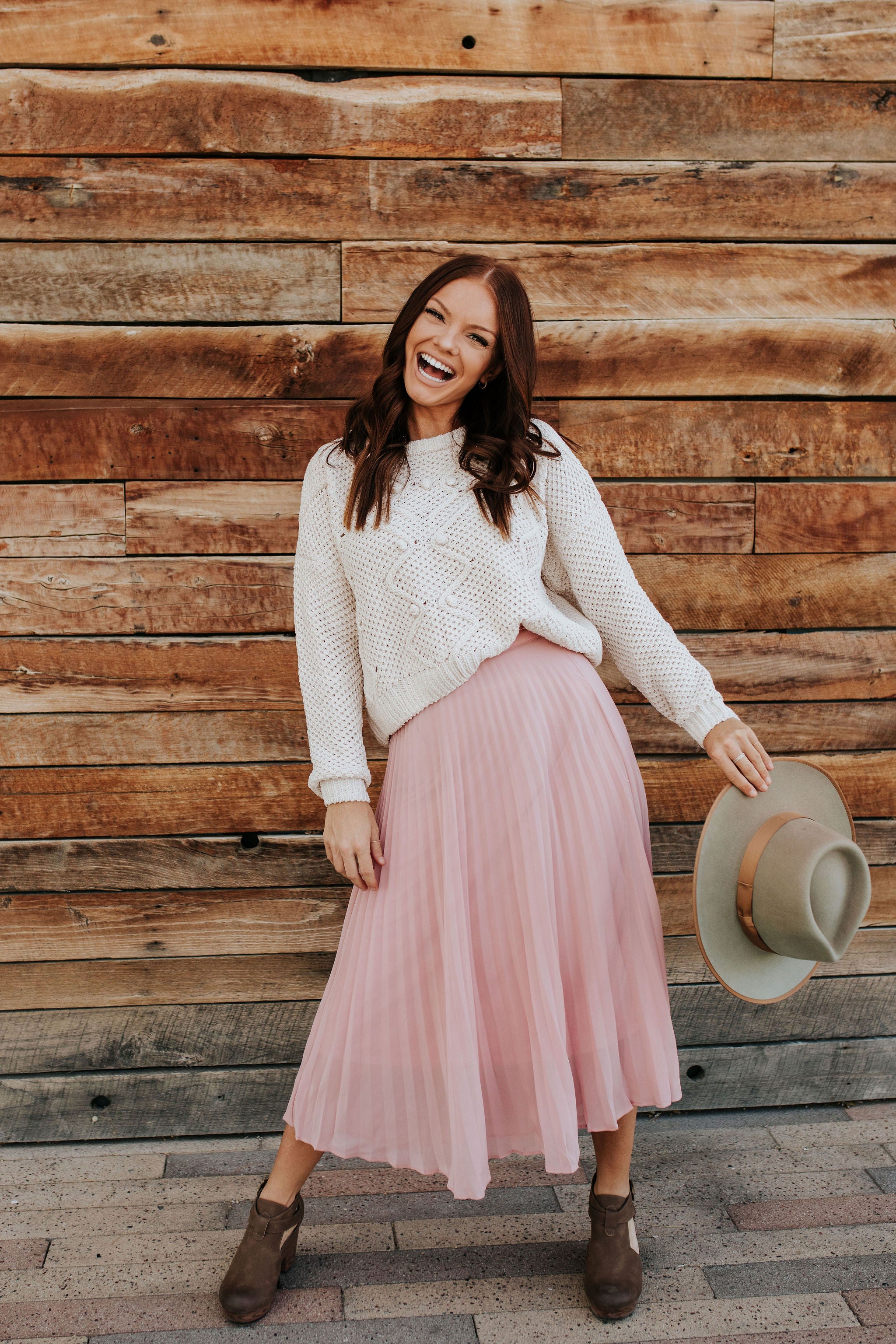 rose pink pleated skirt