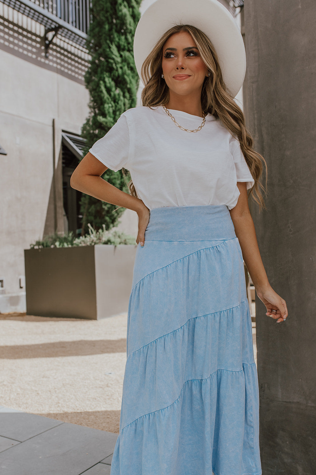 THE SUMMER TIERED MAXI SKIRT IN SKY BLUE