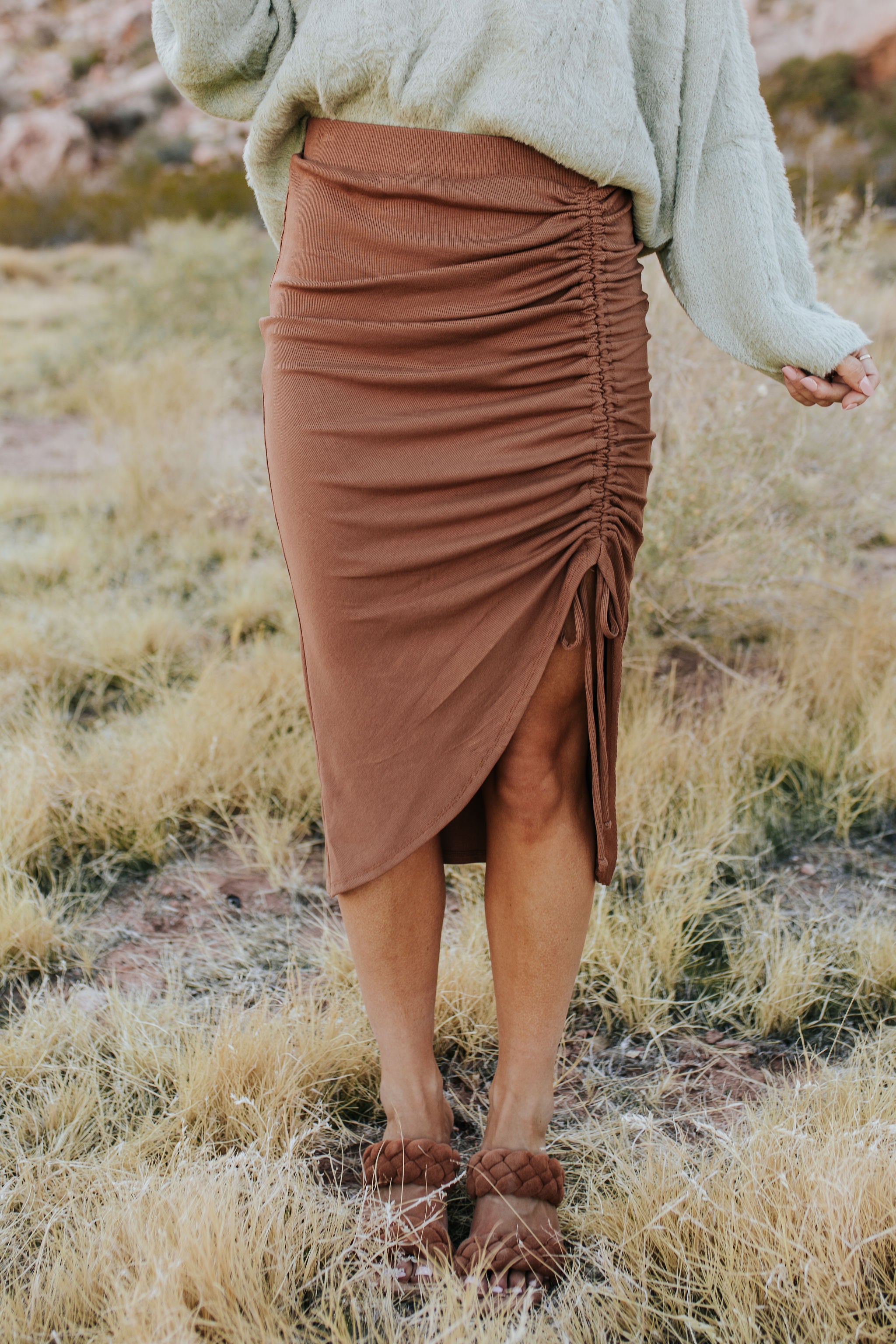 THE MALLORY RUCHED MIDI SKIRT IN MOCHA