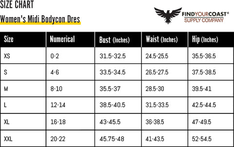 Find Your Coast dress size chart