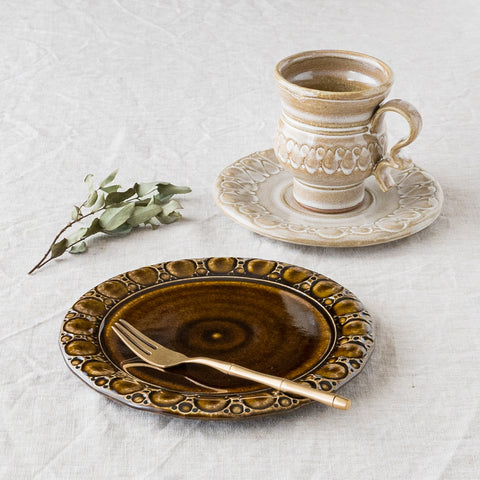 Ruriame Kobo's Bread Plate Round Pattern Dark Brown Glaze and Cup & Saucer