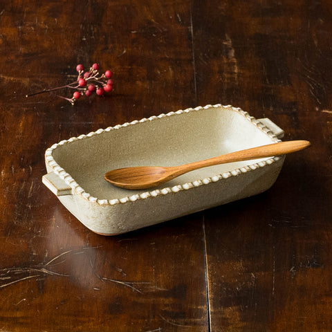 Hiromi Oka's long square gratin dish edge shinogi white green