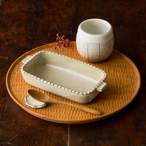 Hiromi Oka's long square gratin dish edge shinogi white green