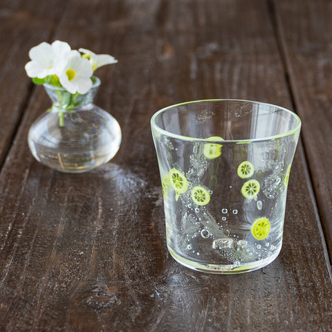 Lime-patterned fruit glasses from Gokurakuji Garasu Kobo are perfect for hot summer days.