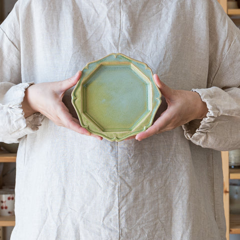 Nobufumi Watanabe's twisted octagonal plate with wasabi glaze that will add a nice color to your dining table