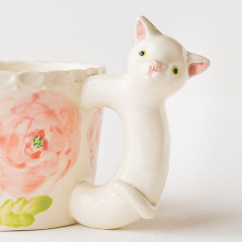 Sugar Poppo's Cat Handle Mug Pink Ranunculus