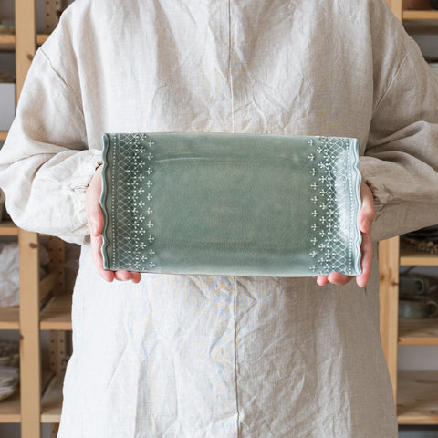 Wakasama Ceramic Gray French Lace Long Plate
