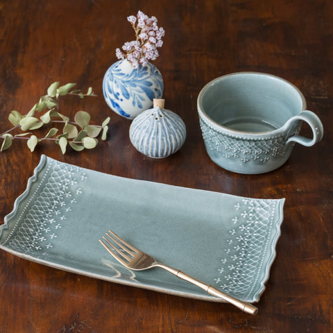 Wakasama pottery's stylish French lace square plate and soup cup