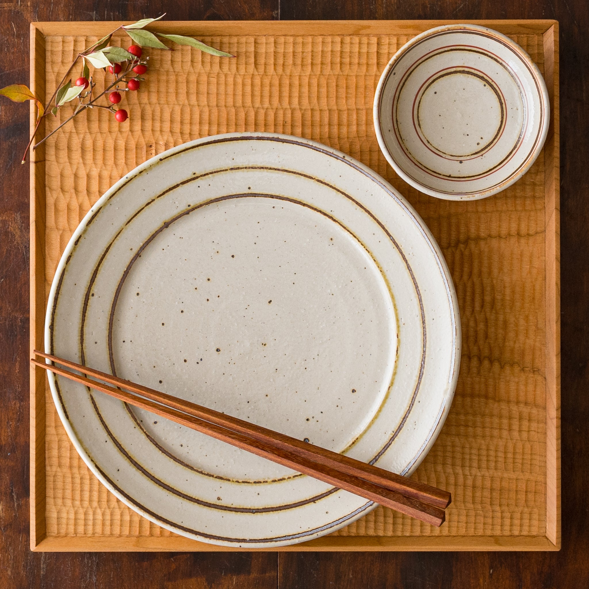 盛り付けたお料理が素敵に引き立つ冨本大輔さんの灰釉鉄絵7寸皿