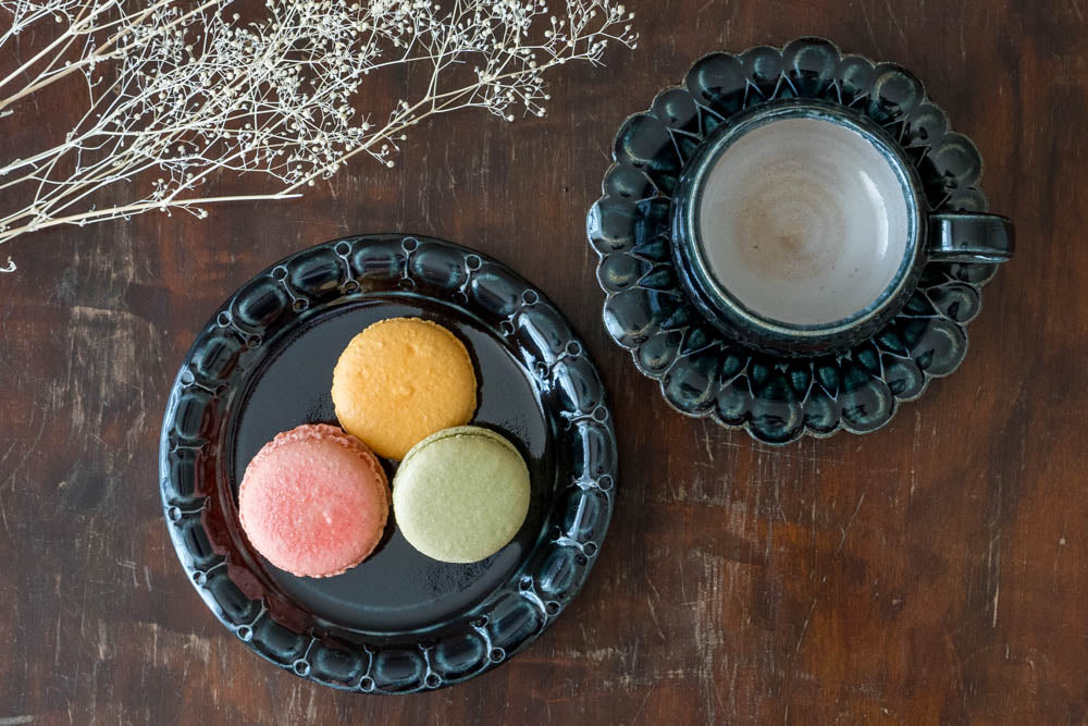 Blue glaze cup and saucer from Ruriame Koubou