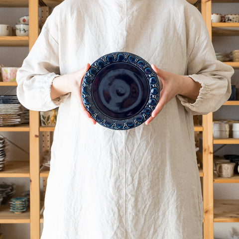 Ruriame Koubou's Bread Plate Round Pattern Ruri Glaze