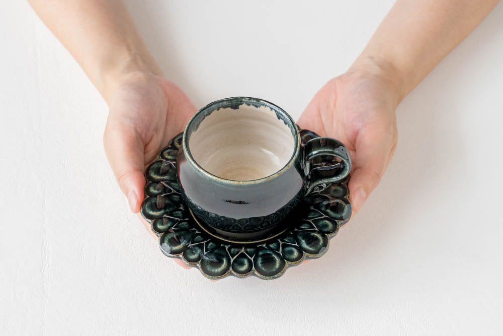 Blue glaze cup and saucer from Ruriame Koubou