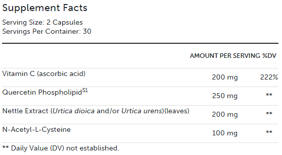 Quercetin 20× Plus  (Xymogen) 60ct supplement facts