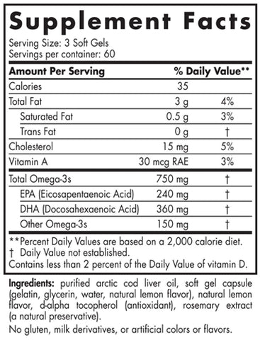 Arctic Cod Liver Oil 180 Soft Gels Lemon (Nordic Naturals)