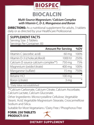 Biocalcin 250 tabs (Biospec Nutritionals) Supplement Facts