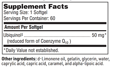 CoQH Reduced CoEnzyme Q10 50 mg (Klaire Labs)