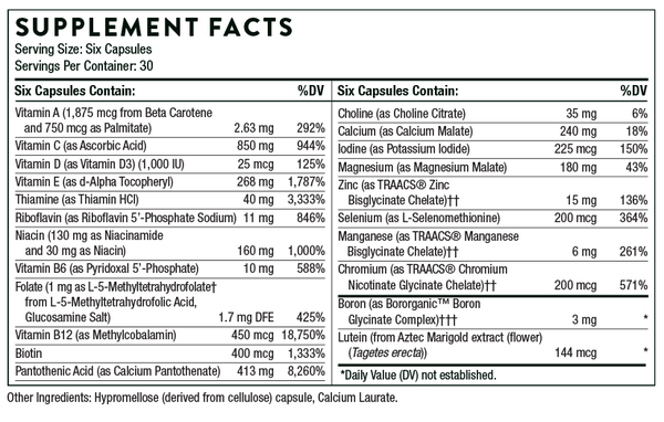 Men's Multi 50+ w/o CU FE (Thorne) Supplement Facts