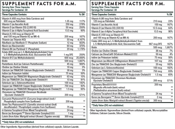 Multi-Vitamin Elite A.M. P.M NSF (Thorne) Supplement Facts